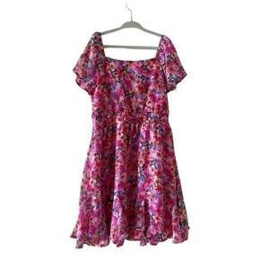 Girls Pink Floral Print Cinched Waist Flutter Short Sleeves Dress M (7/8) #1078